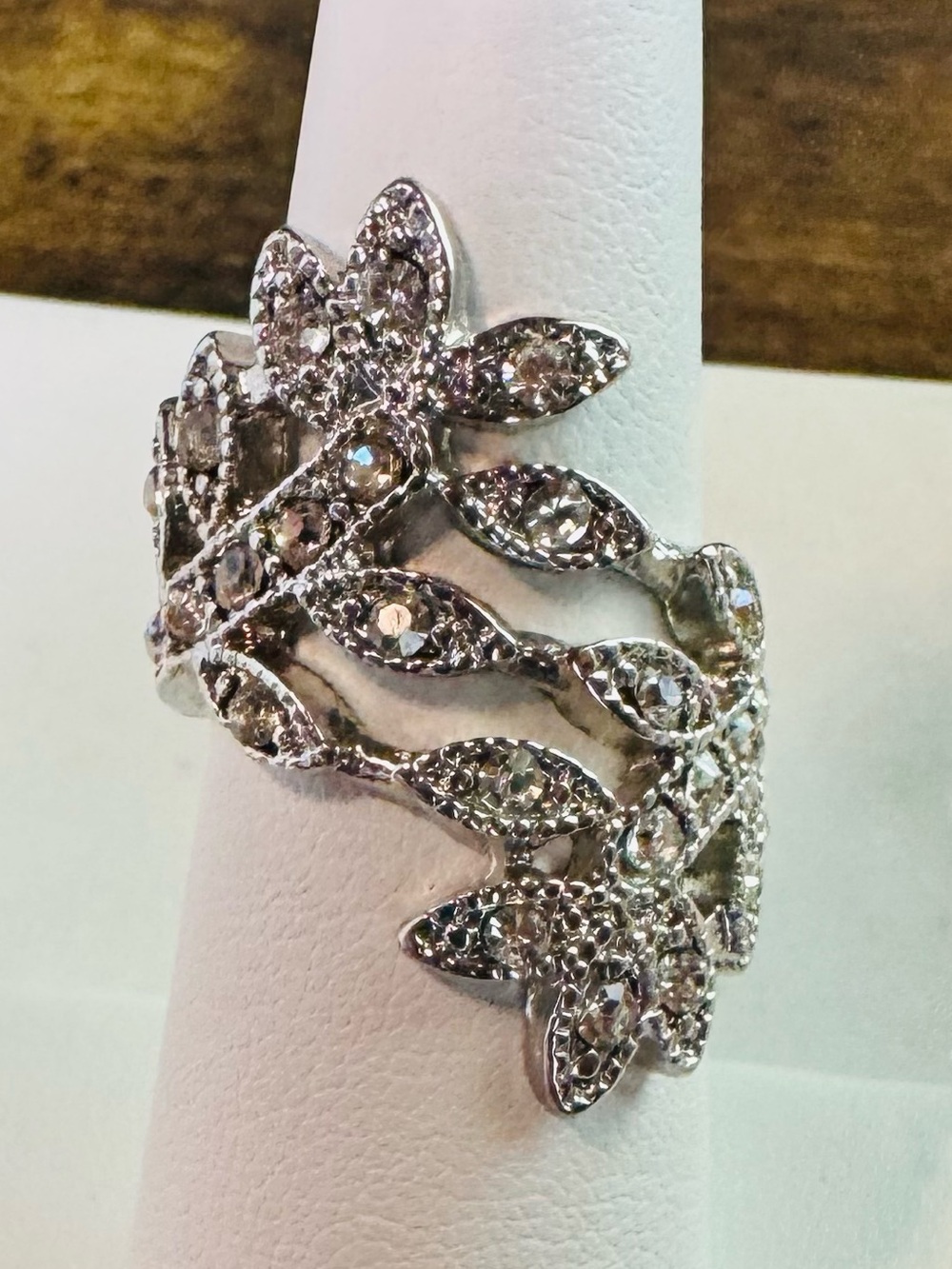 Silver Tone Crystal Floral Vine Statement Ring Size 5.5 - Picture 2 of 7